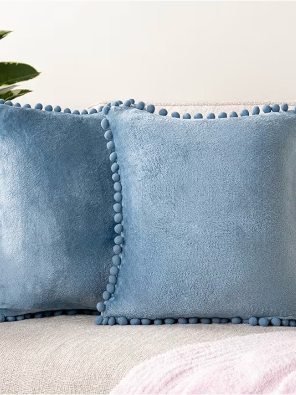 Light Blue Pom Pom Throw Pillow Cover Set of 2